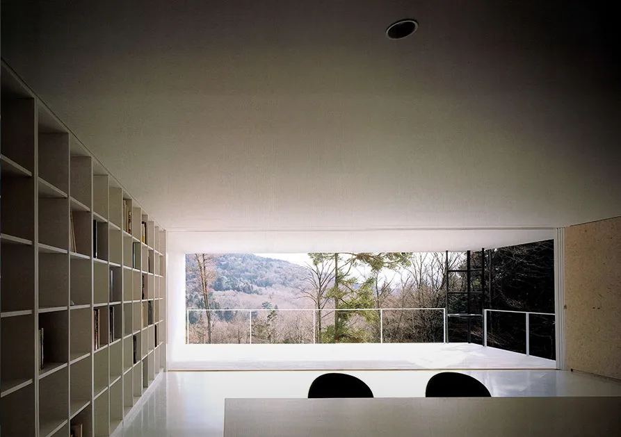 内観 本棚と山の眺望