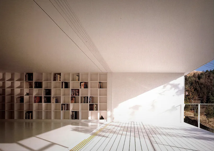 内観 デッキと本棚